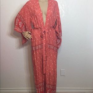 Boutique Orange/Red Print Boho Kimono/Long Jacket